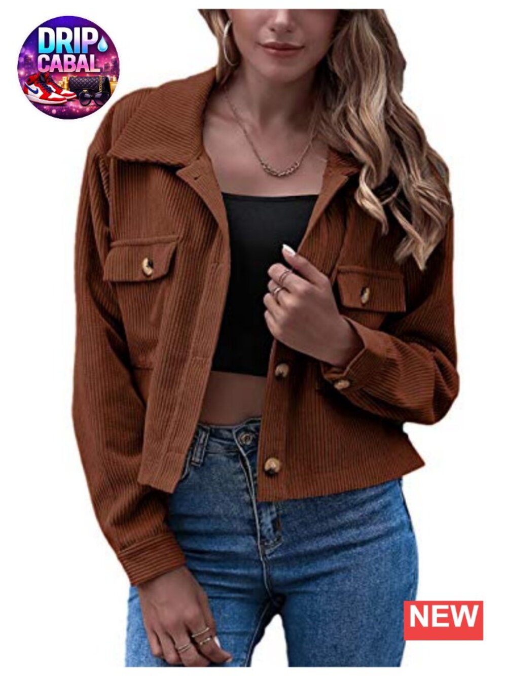 Cropped Corduroy Shacket Button Down Jacket Drop Shoulder Flap Pockets